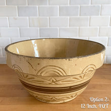 Load image into Gallery viewer, Vintage brown striped yellow ware impressed mixing bowl, No. 305 with impressed details. Crafted by Robinson Ransbottom, USA, 1920s. A well-crafted piece of stoneware offering a nostalgic vibe to your farmhouse or cottage kitchenware and decor!

Option 2: 4 QTs, 12 1/8 x 6 1/2 inches. In good vintage condition, no chips/cracks/repairs, age-related crazing and manufacturer&#39;s defects. Maker&#39;s mark.
