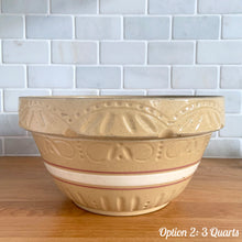 Load image into Gallery viewer, Vintage white and red striped yellow ware impressed mixing bowl, No. 391 with pie crust impressed rim band. Crafted by Robinson Ransbottom, USA, 1920s. A well-crafted piece of stoneware offering a nostalgic vibe to your farmhouse or cottage kitchenware and decor!

Option 2: 3 QTs, 10 1/4 x 5 1/4 inches. In good vintage condition, small smooth chips at the rim, no cracks/repairs, age-related crazing, manufacturer&#39;s glaze pops. Maker&#39;s mark.
