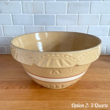 Load image into Gallery viewer, Vintage white and red striped yellow ware impressed mixing bowl, No. 391 with pie crust impressed rim band. Crafted by Robinson Ransbottom, USA, 1920s. A well-crafted piece of stoneware offering a nostalgic vibe to your farmhouse or cottage kitchenware and decor!

Option 2: 3 QTs, 10 1/4 x 5 1/4 inches. In good vintage condition, small smooth chips at the rim, no cracks/repairs, age-related crazing, manufacturer&#39;s glaze pops. Maker&#39;s mark.
