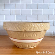 Load image into Gallery viewer, Vintage white and red striped yellow ware impressed mixing bowl, No. 391 with pie crust impressed rim band. Crafted by Robinson Ransbottom, USA, 1920s. A well-crafted piece of stoneware offering a nostalgic vibe to your farmhouse or cottage kitchenware and decor!

Option 2: 3 QTs, 10 1/4 x 5 1/4 inches. In good vintage condition, small smooth chips at the rim, no cracks/repairs, age-related crazing, manufacturer&#39;s glaze pops. Maker&#39;s mark.
