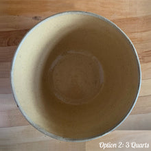 Load image into Gallery viewer, Vintage white and red striped yellow ware impressed mixing bowl, No. 391 with pie crust impressed rim band. Crafted by Robinson Ransbottom, USA, 1920s. A well-crafted piece of stoneware offering a nostalgic vibe to your farmhouse or cottage kitchenware and decor!

Option 2: 3 QTs, 10 1/4 x 5 1/4 inches. In good vintage condition, small smooth chips at the rim, no cracks/repairs, age-related crazing, manufacturer&#39;s glaze pops. Maker&#39;s mark.
