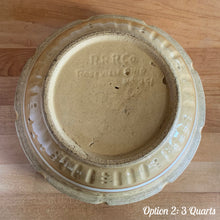 Load image into Gallery viewer, Vintage white and red striped yellow ware impressed mixing bowl, No. 391 with pie crust impressed rim band. Crafted by Robinson Ransbottom, USA, 1920s. A well-crafted piece of stoneware offering a nostalgic vibe to your farmhouse or cottage kitchenware and decor!

Option 2: 3 QTs, 10 1/4 x 5 1/4 inches. In good vintage condition, small smooth chips at the rim, no cracks/repairs, age-related crazing, manufacturer&#39;s glaze pops. Maker&#39;s mark.

