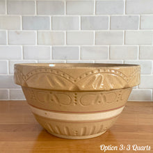 Load image into Gallery viewer, Vintage white and red striped yellow ware impressed mixing bowl, No. 391 with pie crust impressed rim band. Crafted by Robinson Ransbottom, USA, 1920s. A well-crafted piece of stoneware offering a nostalgic vibe to your farmhouse or cottage kitchenware and decor!

Option 3: 3 QTs, 10 1/4 x 5 3/8. In good vintage condition, no chips/cracks/repairs, age-related crazing, manufacturer&#39;s glaze pops. Maker&#39;s mark.
