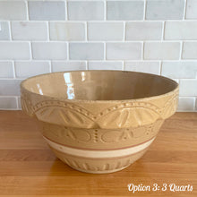 Load image into Gallery viewer, Vintage white and red striped yellow ware impressed mixing bowl, No. 391 with pie crust impressed rim band. Crafted by Robinson Ransbottom, USA, 1920s. A well-crafted piece of stoneware offering a nostalgic vibe to your farmhouse or cottage kitchenware and decor!

Option 3: 3 QTs, 10 1/4 x 5 3/8. In good vintage condition, no chips/cracks/repairs, age-related crazing, manufacturer&#39;s glaze pops. Maker&#39;s mark.
