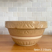 Load image into Gallery viewer, Vintage white and red striped yellow ware impressed mixing bowl, No. 391 with pie crust impressed rim band. Crafted by Robinson Ransbottom, USA, 1920s. A well-crafted piece of stoneware offering a nostalgic vibe to your farmhouse or cottage kitchenware and decor!

Option 3: 3 QTs, 10 1/4 x 5 3/8. In good vintage condition, no chips/cracks/repairs, age-related crazing, manufacturer&#39;s glaze pops. Maker&#39;s mark.
