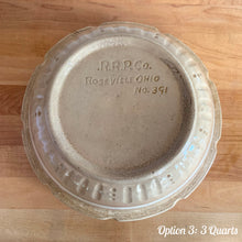 Load image into Gallery viewer, Vintage white and red striped yellow ware impressed mixing bowl, No. 391 with pie crust impressed rim band. Crafted by Robinson Ransbottom, USA, 1920s. A well-crafted piece of stoneware offering a nostalgic vibe to your farmhouse or cottage kitchenware and decor!

Option 3: 3 QTs, 10 1/4 x 5 3/8. In good vintage condition, no chips/cracks/repairs, age-related crazing, manufacturer&#39;s glaze pops. Maker&#39;s mark.
