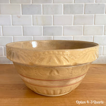 Load image into Gallery viewer, Vintage white and red striped yellow ware impressed mixing bowl, No. 391 with pie crust impressed rim band. Crafted by Robinson Ransbottom, USA, 1920s. A well-crafted piece of stoneware offering a nostalgic vibe to your farmhouse or cottage kitchenware and decor!

Option 4: 3QTs, 10 1/4 x 5 1/4. In as found vintage condition, no chips/repairs, tight hairline crack, age-related crazing and staining, manufacturer&#39;s glaze pops. Maker&#39;s mark.

