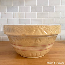 Load image into Gallery viewer, Vintage white and red striped yellow ware impressed mixing bowl, No. 391 with pie crust impressed rim band. Crafted by Robinson Ransbottom, USA, 1920s. A well-crafted piece of stoneware offering a nostalgic vibe to your farmhouse or cottage kitchenware and decor!

Option 4: 3QTs, 10 1/4 x 5 1/4. In as found vintage condition, no chips/repairs, tight hairline crack, age-related crazing and staining, manufacturer&#39;s glaze pops. Maker&#39;s mark.
