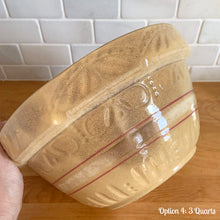 Load image into Gallery viewer, Vintage white and red striped yellow ware impressed mixing bowl, No. 391 with pie crust impressed rim band. Crafted by Robinson Ransbottom, USA, 1920s. A well-crafted piece of stoneware offering a nostalgic vibe to your farmhouse or cottage kitchenware and decor!

Option 4: 3QTs, 10 1/4 x 5 1/4. In as found vintage condition, no chips/repairs, tight hairline crack, age-related crazing and staining, manufacturer&#39;s glaze pops. Maker&#39;s mark.
