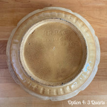 Load image into Gallery viewer, Vintage white and red striped yellow ware impressed mixing bowl, No. 391 with pie crust impressed rim band. Crafted by Robinson Ransbottom, USA, 1920s. A well-crafted piece of stoneware offering a nostalgic vibe to your farmhouse or cottage kitchenware and decor!

Option 4: 3QTs, 10 1/4 x 5 1/4. In as found vintage condition, no chips/repairs, tight hairline crack, age-related crazing and staining, manufacturer&#39;s glaze pops. Maker&#39;s mark.
