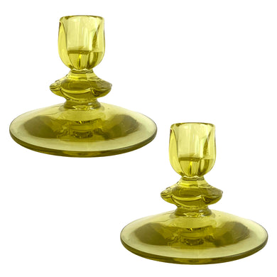 Pair of lovely vintage yellow Depression Glass single lite taper candle holders or candlesticks. Crafted by Duncan Miller Glass Company, circa 1930. Perfect for everyday use, special occasions/events and also nicely suited to cottage chic decor.  In excellent condition, no chips.  Measures 4 1/4 x 3 inches