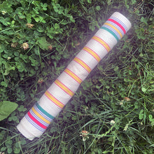 Load image into Gallery viewer, Vintage&nbsp;cream linen with yellow, red and green stripes deck chair fabric remnant. Made in France. Perfect for crafting and home decor projects.  In excellent condition, no stains/tears.  Measures 16 1/2 x 104 inches

