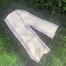 Load image into Gallery viewer, Vintage&nbsp;cream linen with yellow, red and green stripes deck chair fabric remnant. Made in France. Perfect for crafting and home decor projects.  In excellent condition, no stains/tears.  Measures 16 1/2 x 104 inches
