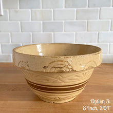 Load image into Gallery viewer, Vintage brown striped yellow ware impressed mixing bowl, No. 305 with impressed details. Crafted by Robinson Ransbottom, USA, 1920s. A well-crafted piece of stoneware offering a nostalgic vibe to your farmhouse or cottage kitchenware and decor!

Option 3: 2 QTs, 8 x 4 1/2 inches. In good vintage condition, no chips/cracks/repairs, age-related crazing and manufacturer&#39;s defects. Maker&#39;s mark.
