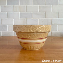Load image into Gallery viewer, Vintage white and red striped yellow ware impressed mixing bowl, No. 391 with pie crust impressed rim band. Crafted by Robinson Ransbottom, USA, 1920s. A well-crafted piece of stoneware offering a nostalgic vibe to your farmhouse or cottage kitchenware and decor!

Option 1: 1 QT, 6 x 3 1/2 inches. In good vintage condition, no chips/cracks/repairs, age-related crazing. Maker&#39;s mark.
