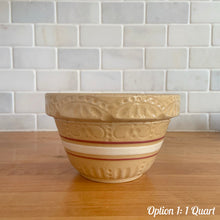 Load image into Gallery viewer, Vintage white and red striped yellow ware impressed mixing bowl, No. 391 with pie crust impressed rim band. Crafted by Robinson Ransbottom, USA, 1920s. A well-crafted piece of stoneware offering a nostalgic vibe to your farmhouse or cottage kitchenware and decor!

Option 1: 1 QT, 6 x 3 1/2 inches. In good vintage condition, no chips/cracks/repairs, age-related crazing. Maker&#39;s mark.
