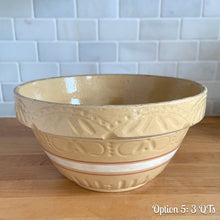 Load image into Gallery viewer, Vintage white and red striped yellow ware impressed mixing bowl, No. 391 with pie crust impressed rim band. Crafted by Robinson Ransbottom, USA, 1920s. A well-crafted piece of stoneware offering a nostalgic vibe to your farmhouse or cottage kitchenware and decor!

Option 5: 3 QTs, 10 1/4 x 5 3/8 inches. In as found vintage condition, no chips/repairs, tight hairline crack, age-related crazing, manufacturer&#39;s glaze pops. Maker&#39;s mark.
