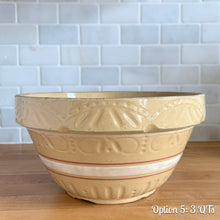 Load image into Gallery viewer, Vintage white and red striped yellow ware impressed mixing bowl, No. 391 with pie crust impressed rim band. Crafted by Robinson Ransbottom, USA, 1920s. A well-crafted piece of stoneware offering a nostalgic vibe to your farmhouse or cottage kitchenware and decor!

Option 5: 3 QTs, 10 1/4 x 5 3/8 inches. In as found vintage condition, no chips/repairs, tight hairline crack, age-related crazing, manufacturer&#39;s glaze pops. Maker&#39;s mark.
