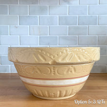 Load image into Gallery viewer, Vintage white and red striped yellow ware impressed mixing bowl, No. 391 with pie crust impressed rim band. Crafted by Robinson Ransbottom, USA, 1920s. A well-crafted piece of stoneware offering a nostalgic vibe to your farmhouse or cottage kitchenware and decor!

Option 5: 3 QTs, 10 1/4 x 5 3/8 inches. In as found vintage condition, no chips/repairs, tight hairline crack, age-related crazing, manufacturer&#39;s glaze pops. Maker&#39;s mark.
