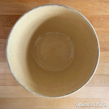 Load image into Gallery viewer, Vintage white and red striped yellow ware impressed mixing bowl, No. 391 with pie crust impressed rim band. Crafted by Robinson Ransbottom, USA, 1920s. A well-crafted piece of stoneware offering a nostalgic vibe to your farmhouse or cottage kitchenware and decor!

Option 5: 3 QTs, 10 1/4 x 5 3/8 inches. In as found vintage condition, no chips/repairs, tight hairline crack, age-related crazing, manufacturer&#39;s glaze pops. Maker&#39;s mark.
