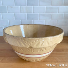 Load image into Gallery viewer, Vintage white and red striped yellow ware impressed mixing bowl, No. 391 with pie crust impressed rim band. Crafted by Robinson Ransbottom, USA, 1920s. A well-crafted piece of stoneware offering a nostalgic vibe to your farmhouse or cottage kitchenware and decor!

Option 6: 3 QTs, 10 1/4 x 5 3/8 inches. In as found vintage condition, no chips/repairs, age-related crazing, manufacturer&#39;s glaze pops. Maker&#39;s mark.
