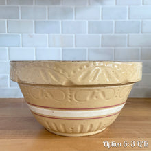 Load image into Gallery viewer, Vintage white and red striped yellow ware impressed mixing bowl, No. 391 with pie crust impressed rim band. Crafted by Robinson Ransbottom, USA, 1920s. A well-crafted piece of stoneware offering a nostalgic vibe to your farmhouse or cottage kitchenware and decor!

Option 6: 3 QTs, 10 1/4 x 5 3/8 inches. In as found vintage condition, no chips/repairs, age-related crazing, manufacturer&#39;s glaze pops. Maker&#39;s mark.
