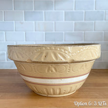 Load image into Gallery viewer, Vintage white and red striped yellow ware impressed mixing bowl, No. 391 with pie crust impressed rim band. Crafted by Robinson Ransbottom, USA, 1920s. A well-crafted piece of stoneware offering a nostalgic vibe to your farmhouse or cottage kitchenware and decor!

Option 6: 3 QTs, 10 1/4 x 5 3/8 inches. In as found vintage condition, no chips/repairs, age-related crazing, manufacturer&#39;s glaze pops. Maker&#39;s mark.
