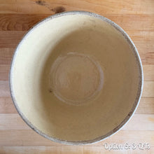 Load image into Gallery viewer, Vintage white and red striped yellow ware impressed mixing bowl, No. 391 with pie crust impressed rim band. Crafted by Robinson Ransbottom, USA, 1920s. A well-crafted piece of stoneware offering a nostalgic vibe to your farmhouse or cottage kitchenware and decor!

Option 6: 3 QTs, 10 1/4 x 5 3/8 inches. In as found vintage condition, no chips/repairs, age-related crazing, manufacturer&#39;s glaze pops. Maker&#39;s mark.
