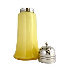 Load image into Gallery viewer, Gorgeous antique Victorian yellow over white cased glass muffineer with pierced silver plate lid. The lid is marked EPNS with S&amp;B inside a shield. Maker was likely Smith &amp; Bartlam, Birmingham, England, circa 1890s. Perfect for sprinkling icing sugar or cinnamon over muffins and desserts.  In excellent condition, with age appropriate wear to the silver  Measures 3 1/8 x 7 1/8 inches
