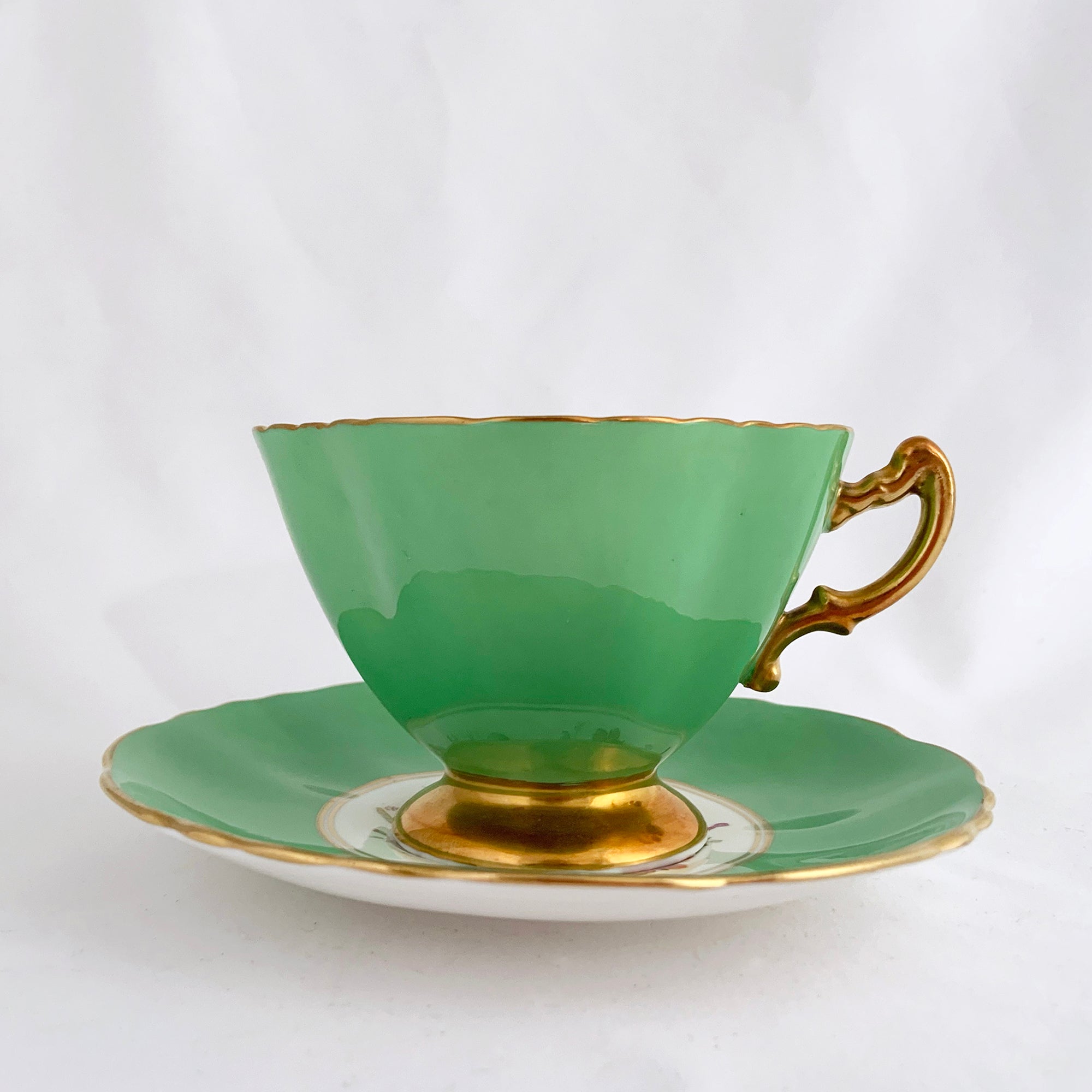 Vtg 1931 ROYAL WORCESTER Green Gold Encrusted Band #3353 Trio Cup Saucer  Plate