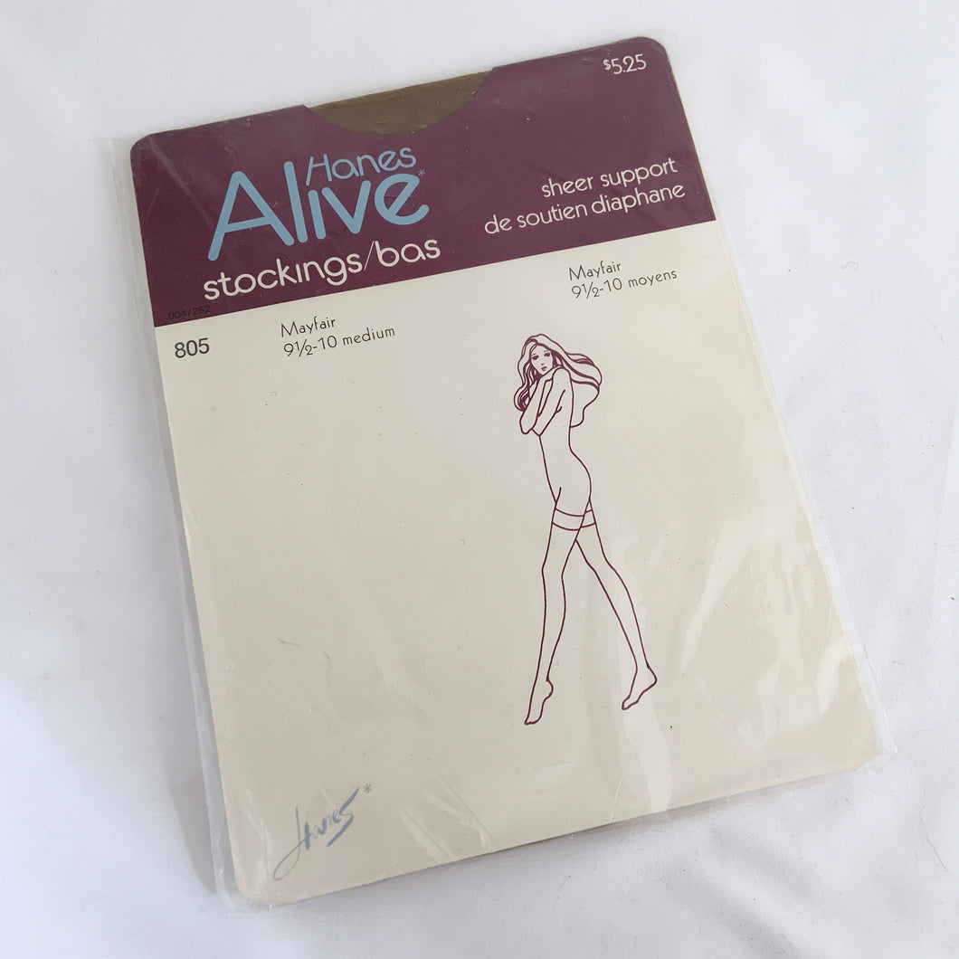 Vintage pair of 'Alive' thigh high sheer support stockings in size 9 1/2 - 10, medium in Mayfair. Produced by Hanes Canada. Pair these with your favourite garter belt.  In new, never worn condition, in original package.
