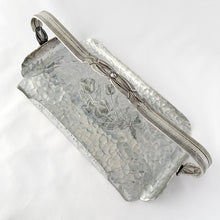 Load image into Gallery viewer, Vintage mid-century hand wrought hammered aluminum handled tray with embossed &quot;Tulip&quot; pattern, shape 420. Crafted by Roger Kent, USA, circa 1950s. A fabulous cocktail glass carrier or appetizer tray. The perfect addition to your mid-century barware collection. In excellent vintage condition. Measures 12 x 6 3/4 x 4 1/2 inches
