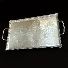 Load image into Gallery viewer, Vintage mid-century hand wrought hammered aluminum handled tray in the &quot;Pansy&quot; pattern, shape 227. Made by Hammercraft Canada, circa 1950. A great serving tray and a perfect addition to mid-century barscape.  In good vintage condition.  Measures 17 1/2 x 10 1/2 inches (not including handles)
