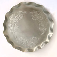 Load image into Gallery viewer, Vintage mid-century hand wrought hammered aluminum serving tray in &quot;Poinsettia&quot; pattern. Produced by Hammercraft Canada, circa 1950...the origin of modern-day Farberware. A great serving tray and a perfect addition to mid-century barware.  In good vintage condition.  Size: 13.5&quot; x 1.25&quot;
