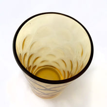 Load image into Gallery viewer, Vintage set of eight &quot;AHC111&quot; amber flat tumbler glass with a thumbprint/honeycomb pattern. Produced by the Anchor Hocking Glass Company, circa 1970.  In excellent used vintage condition, free from chips/cracks.  Measures 2 3/4 x 5 1/8 inches

