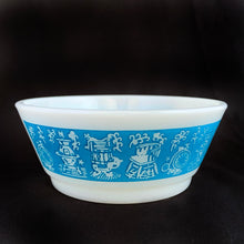 Load image into Gallery viewer, Vintage Fire-King milk glass blue banded cereal bowl with a design of antique housewares. Produced by Anchor Hocking, circa 1970. These printed cereal bowls are highly collectible.  In excellent condition, free from chips/cracks.  Measures 4 7/8 x 2 inches
