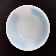 Load image into Gallery viewer, Vintage Fire-King milk glass blue banded cereal bowl with a design of antique housewares. Produced by Anchor Hocking, circa 1970. These printed cereal bowls are highly collectible.  In excellent condition, free from chips/cracks.  Measures 4 7/8 x 2 inches
