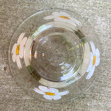 Load image into Gallery viewer, This clear serving bowl is hand painted in white flowers with vibrant yellow centres...so pretty! Whatever you serve in this bowl, you&#39;ll know it&#39;s party time. Made by Anchor Hocking Glass Co. circa 1960s.  In excellent condition, no chips or cracks.  Measures 10-3/4&quot; x 5-7/8&quot;
