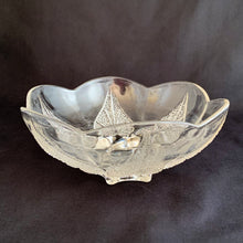 Load image into Gallery viewer, 1960s Vintage 7&quot; inch Round Bowl Renaissance Clear Anchor Hocking USA Candy Nuts Serving Dish Art Deco Cottage Shabby Chic Flea Market Entertaining Elegant Home Decor Hamilton Freelton Antique Mall Toronto Canada Pebbled Leaves Leaf Scalloped Edge
