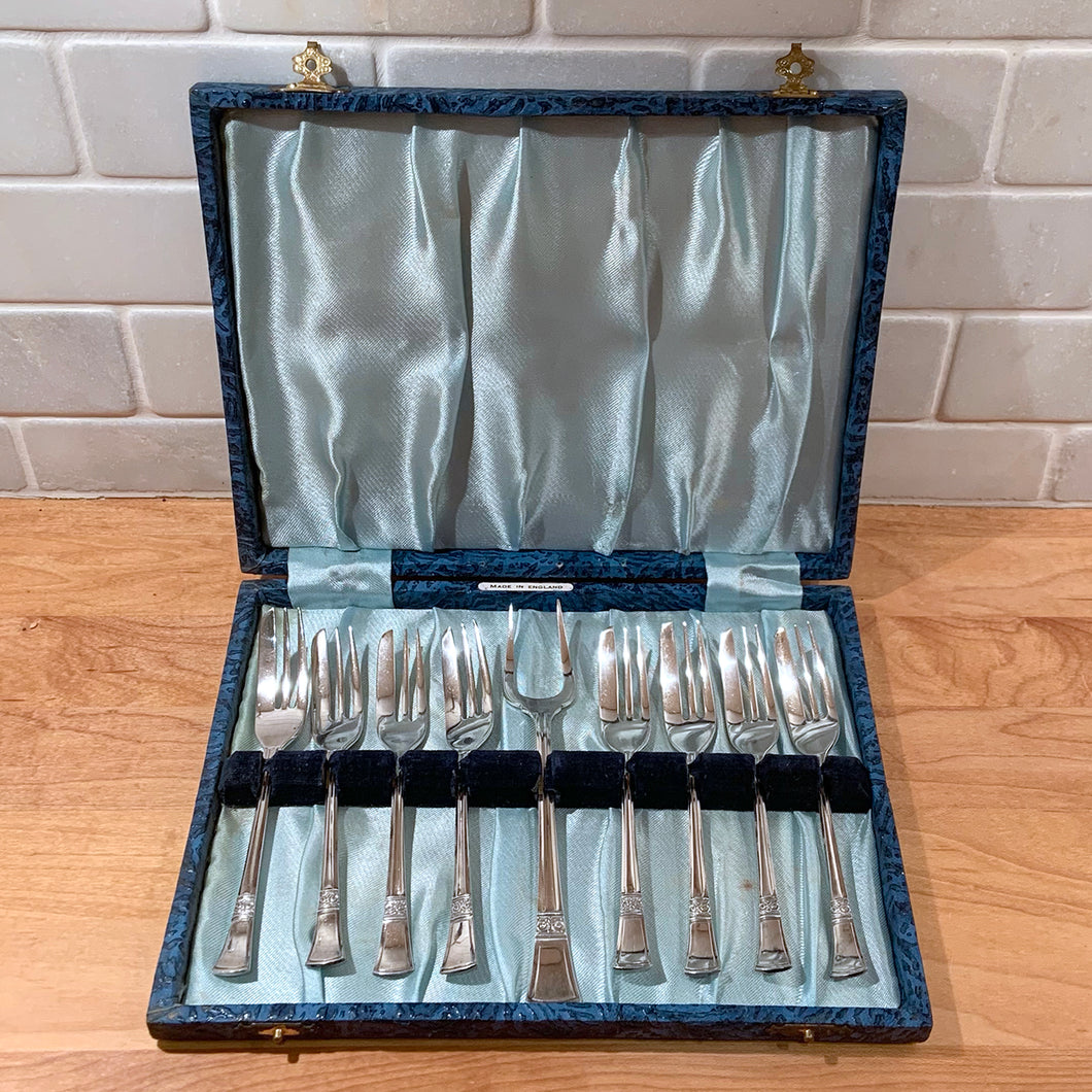 Vintage Boxed Set of 9 Cake Forks EPNS Andora Silver Plate Co. Ltd. England breakfast lunch luncheon dinner dessert special occasion high tea party meal entertaining tableware kitchen serving silverware English Shabby Chic Cottage Victorian Flea Market Style Unique Sustainable Gift Antique Prop GTA Hamilton Freelton Toronto Canada shop store community seller reseller vendor