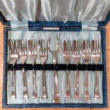 Load image into Gallery viewer, Vintage Boxed Set of 9 Cake Forks EPNS Andora Silver Plate Co. Ltd. England breakfast lunch luncheon dinner dessert special occasion high tea party meal entertaining tableware kitchen serving silverware English Shabby Chic Cottage Victorian Flea Market Style Unique Sustainable Gift Antique Prop GTA Hamilton Freelton Toronto Canada shop store community seller reseller vendor
