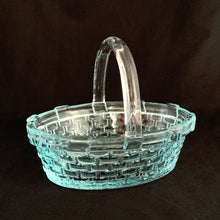 Load image into Gallery viewer, Adorable aqua coloured glass basket with clear handle.  In excellent condition, free from chips/cracks.  Measures 7&quot; x 5-1/8&quot; x 5-1/2&quot;
