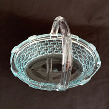Load image into Gallery viewer, Adorable aqua coloured glass basket with clear handle.  In excellent condition, free from chips/cracks.  Measures 7&quot; x 5-1/8&quot; x 5-1/2&quot;
