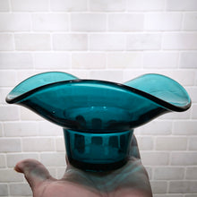 Load image into Gallery viewer, Vintage mod teal mold blown tri-folded glass candy bowl. Crafted by Tyneside Glassware Sowerbys, England. A lovely bowl to fill and display with your favourite snack or confection!  In excellent condition, free from chips/cracks.  Measures 6 1/2 x 3 1/2 inches
