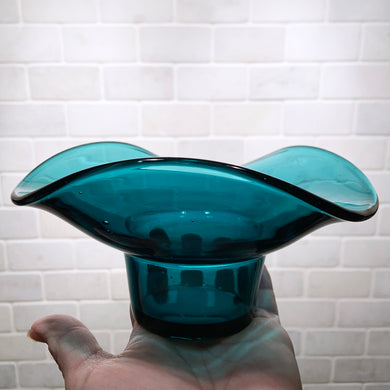 Vintage mod teal mold blown tri-folded glass candy bowl. Crafted by Tyneside Glassware Sowerbys, England. A lovely bowl to fill and display with your favourite snack or confection!  In excellent condition, free from chips/cracks.  Measures 6 1/2 x 3 1/2 inches
