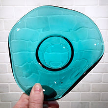 Load image into Gallery viewer, Vintage mod teal mold blown tri-folded glass candy bowl. Crafted by Tyneside Glassware Sowerbys, England. A lovely bowl to fill and display with your favourite snack or confection!  In excellent condition, free from chips/cracks.  Measures 6 1/2 x 3 1/2 inches

