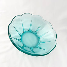 Load image into Gallery viewer, This vintage &quot;Swedish Modern - Aquamarine&quot; glass bowl certainly embodies the turquoise waters of the Caribbean sea. It has a lovely scalloped edge with ribbed detail around the side of the bowl. Perfect for serving your favourite dessert, or repurpose as a catchall. No matter how you use it, if you love this colour, it will make a great accessory in your home decor. Anchor Hocking Glass, USA, circa 1970.  In excellent condition, no chips or cracks.  Measures 8 x 3 inches
