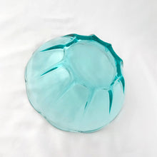 Load image into Gallery viewer, This vintage &quot;Swedish Modern - Aquamarine&quot; glass bowl certainly embodies the turquoise waters of the Caribbean sea. It has a lovely scalloped edge with ribbed detail around the side of the bowl. Perfect for serving your favourite dessert, or repurpose as a catchall. No matter how you use it, if you love this colour, it will make a great accessory in your home decor. Anchor Hocking Glass, USA, circa 1970.  In excellent condition, no chips or cracks.  Measures 8 x 3 inches
