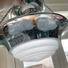 Load image into Gallery viewer, Vintage Art Deco Ceiling Pan Light Fixture w/ Chrome Fitter and White Satin Glass Shade Electric Lighting Home Decor Boho Bohemian Shabby Chic Cottage Farmhouse Victorian Mid-Century Modern Industrial Retro Flea Market Style Unique Sustainable Gift Antique Prop GTA Eds Mercantile Hamilton Freelton Toronto Canada shop store community seller reseller vendor
