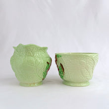 Load image into Gallery viewer, Vintage light green porcelain creamer and sugar decorated in the &quot;Australian Design&quot;  of pink foxgloves with impressed leaf patterns. Produced by Carlton Ware, England, circa 1930s.  Both pieces are in excellent  condition, free from chips/cracks/repairs.  Stamped maker&#39;s marks Carlton Ware MADE IN ENGLAND &quot;TRADE MARK&quot; REGISTRATION APPLIED FOR.  Creamer measures 2 3/4 x 2 5/8 inches and the sugar measures 3 1/8 x 2 1/8 inches
